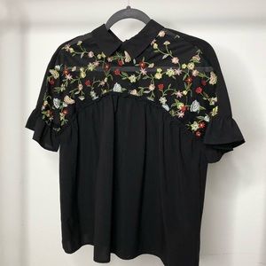 Embroidered Sheer Mesh Insert Tie Back Top